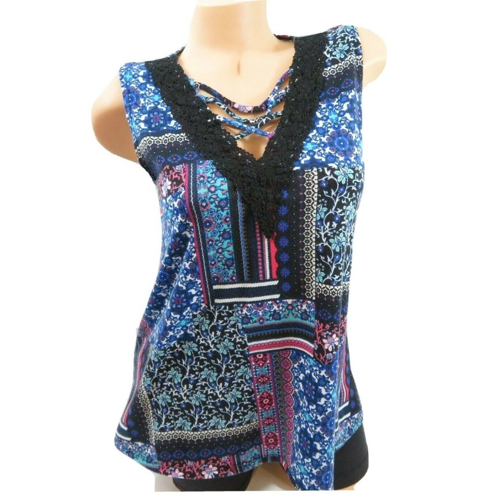Bobby Brooks Knit Top Sleeveless Multicolor Patchwork Ladder Lace V-Neck